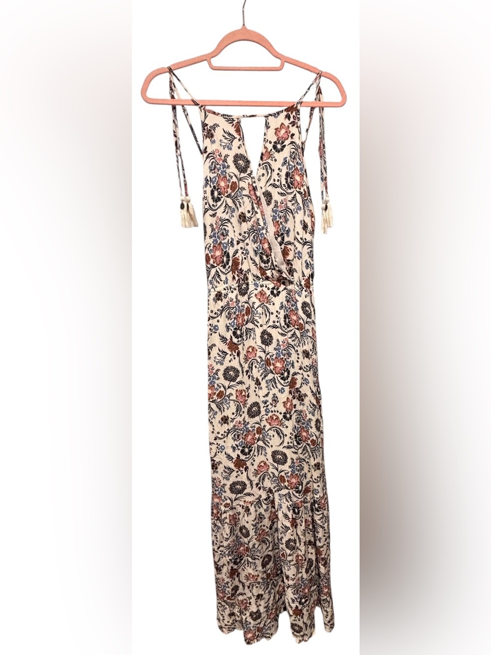 NWT Ülgen Floral Boho Maxi Dress Open Back Tassel Tie Size S